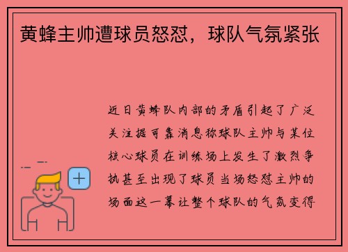 黄蜂主帅遭球员怒怼，球队气氛紧张